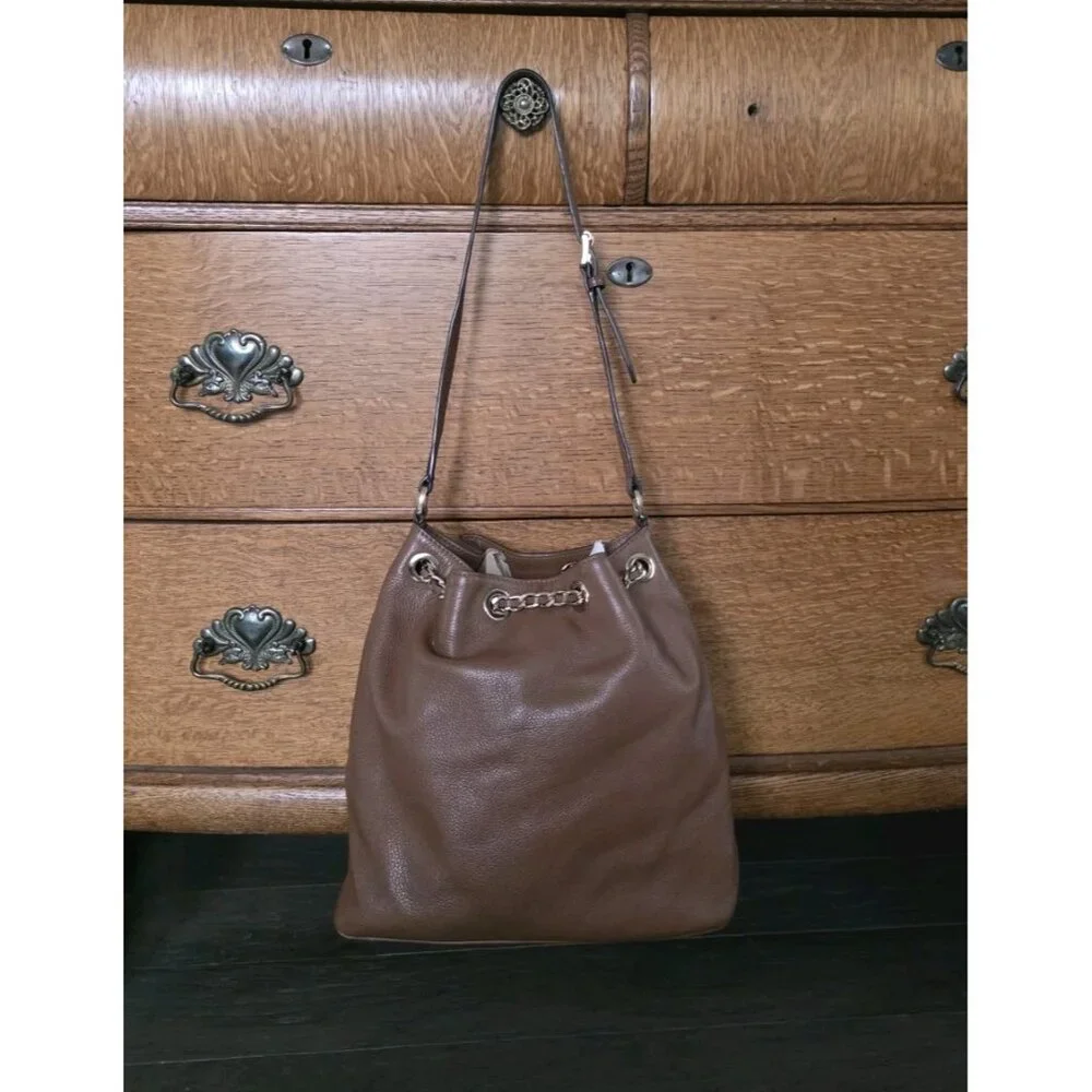 Michael Kors Frankie Brown Pebbled Leather Drawstring Convertible Shoulder Bag